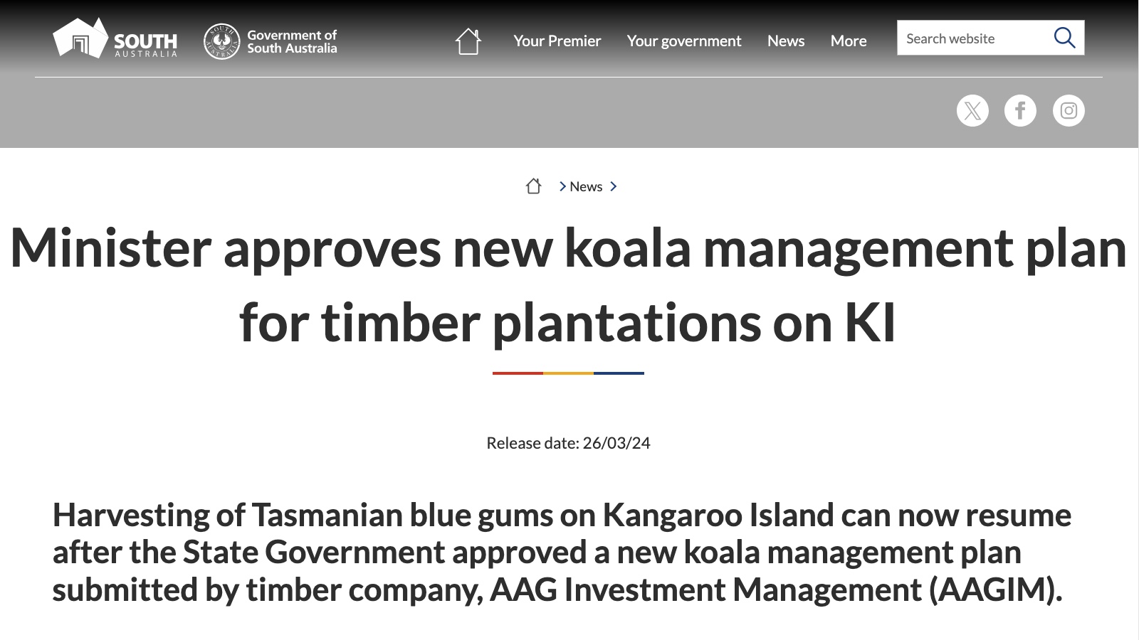 Minister approves new koala management plan for timber plantations on KI